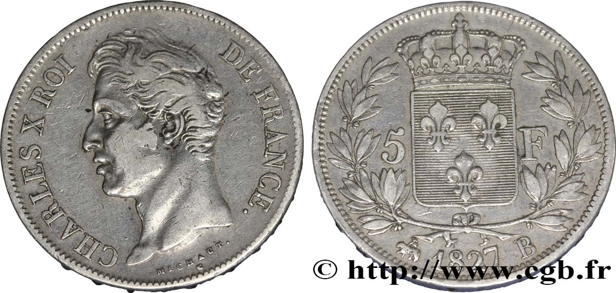 5 francs Charles X, 2e type 1827 Rouen F.311/2 TTB45 