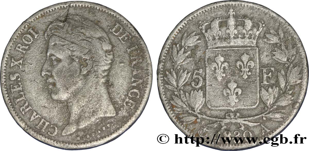 Faux de 5 francs Charles X, 2e type 1830 Paris F.311/40 S25 