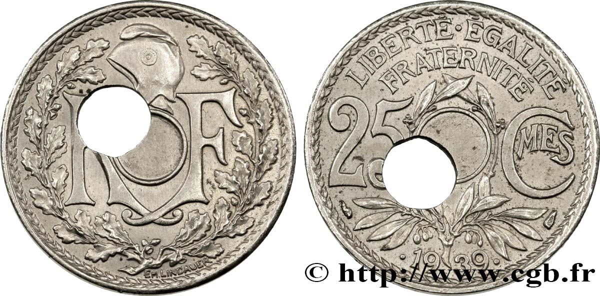 25 centimes Lindauer, maillechort, perforation décentrée 1939  F.172/3 var. AU55 