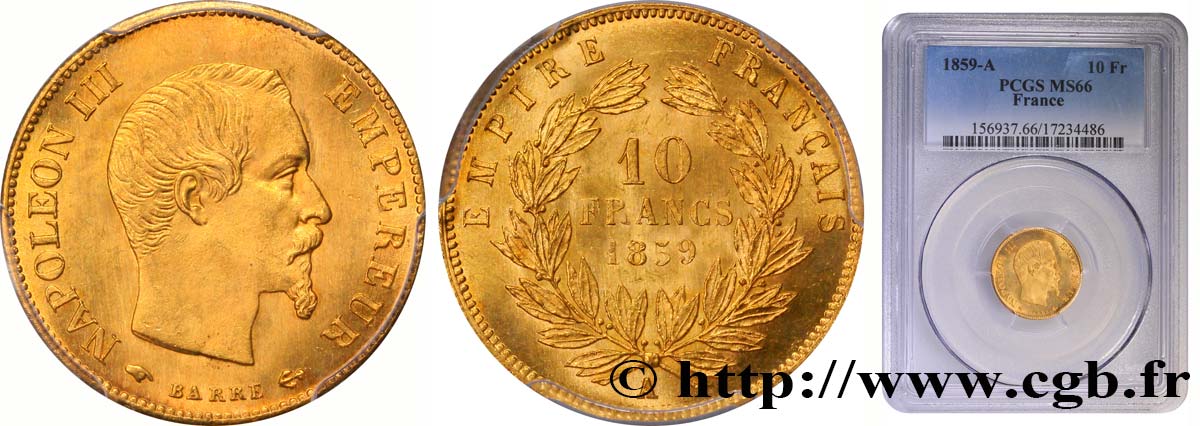 10 francs or Napoléon III, tête nue 1859 Paris F.506/7 FDC65 