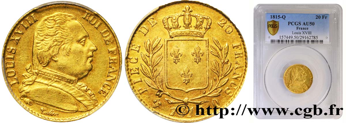 20 francs or Louis XVIII, buste habillé - PCGS AU 50 1815 Perpignan F.517/16 XF48 