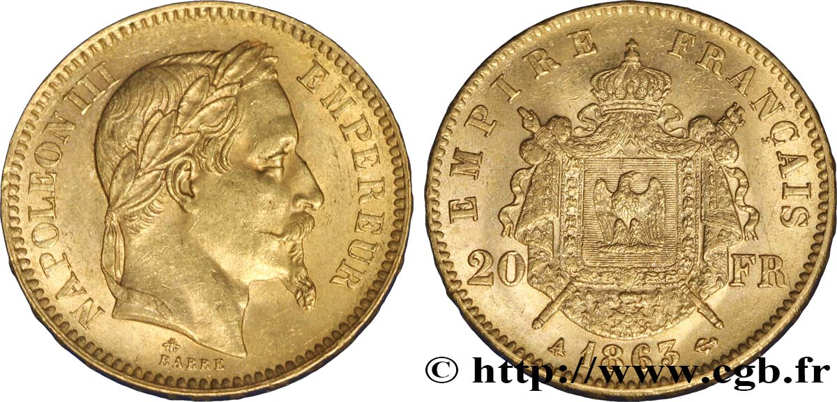 20 francs or Napoléon III, tête laurée 1863 Paris F.532/6 SUP58 