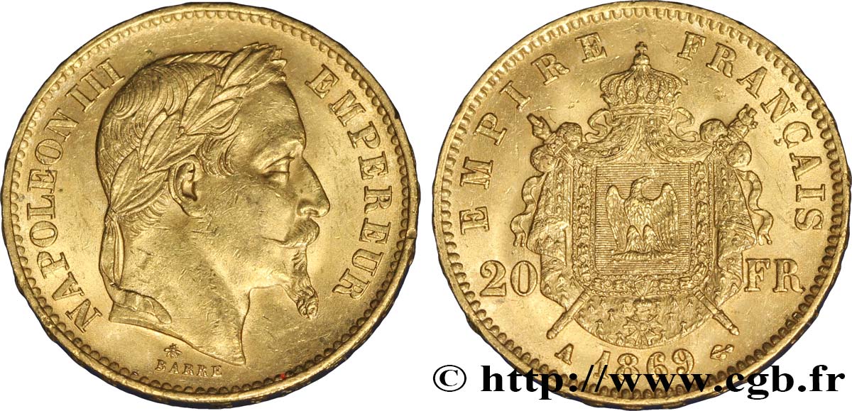 20 francs or Napoléon III, tête laurée 1869 Paris F.532/20 VZ58 