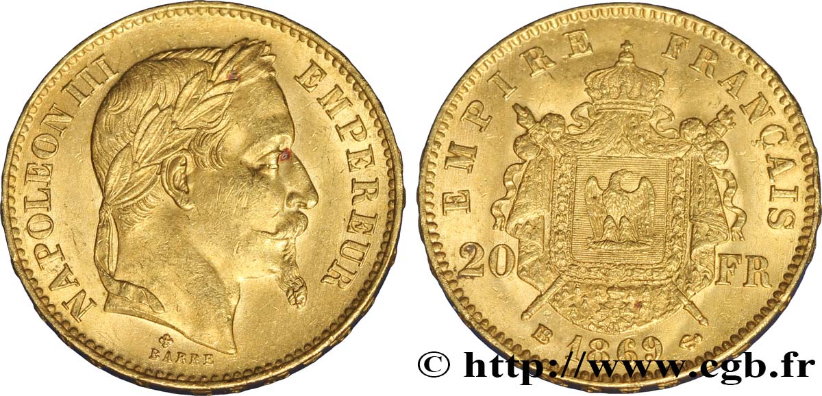 20 francs or Napoléon III, tête laurée 1869 Strasbourg F.532/21 AU58 