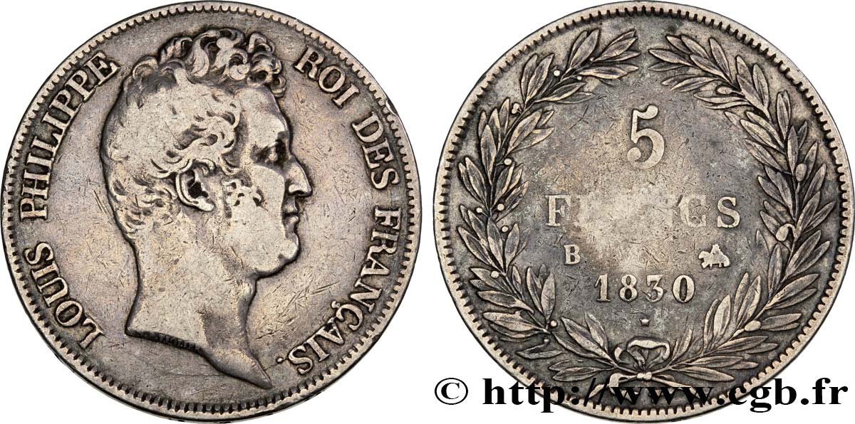 5 francs type Tiolier sans le I, tranche en creux 1830  Rouen F.313/2 MB25 