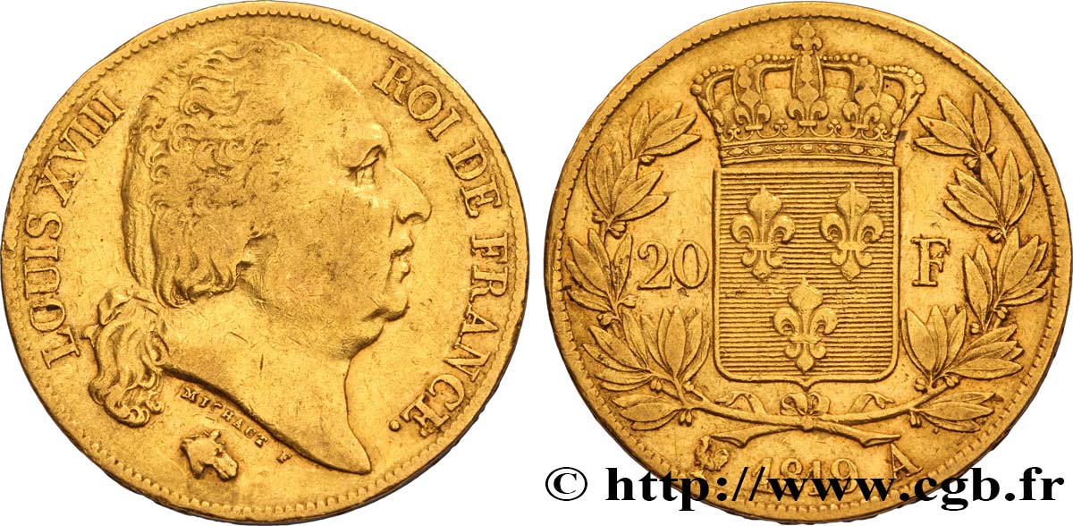 20 francs or Louis XVIII, tête nue 1819 Paris F.519/15 XF45 