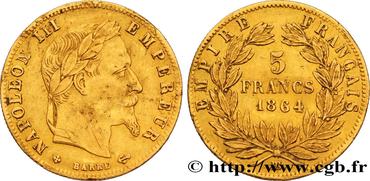 5 francs or Napoléon III, tête laurée 1864 Strasbourg F.502/6 XF 