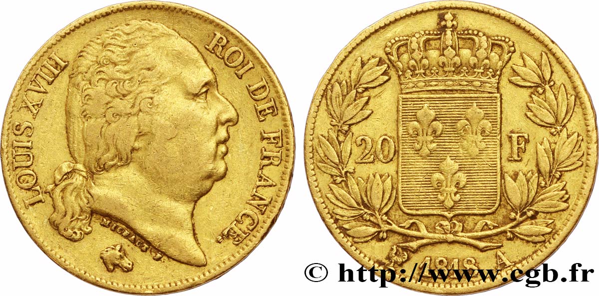 20 francs or Louis XVIII, tête nue 1818 Paris F.519/10 XF42 
