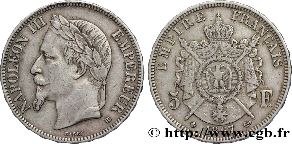 5 francs Napoléon III, tête laurée 1867 Strasbourg F.331/11 XF45 