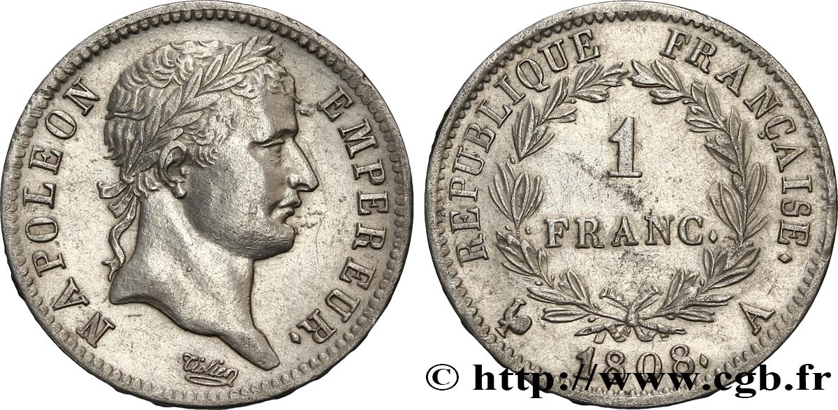 1 franc Napoléon Ier tête laurée, République française 1808 Paris F.204/2 SS48 