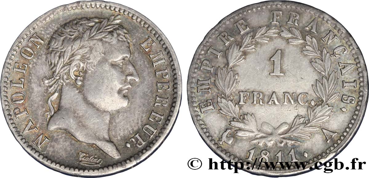 1 franc Napoléon Ier tête laurée, Empire français 1811 Paris F.205/28 AU55 