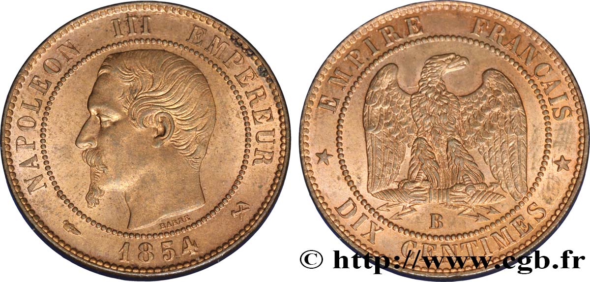 Dix centimes Napoléon III, tête nue 1854 Rouen F.133/12 MS61 