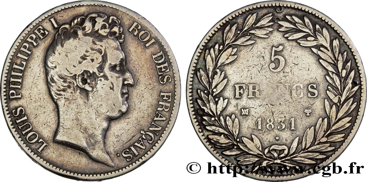 5 francs type Tiolier avec le I, tranche en creux 1831 Marseille F.315/24 MB25 
