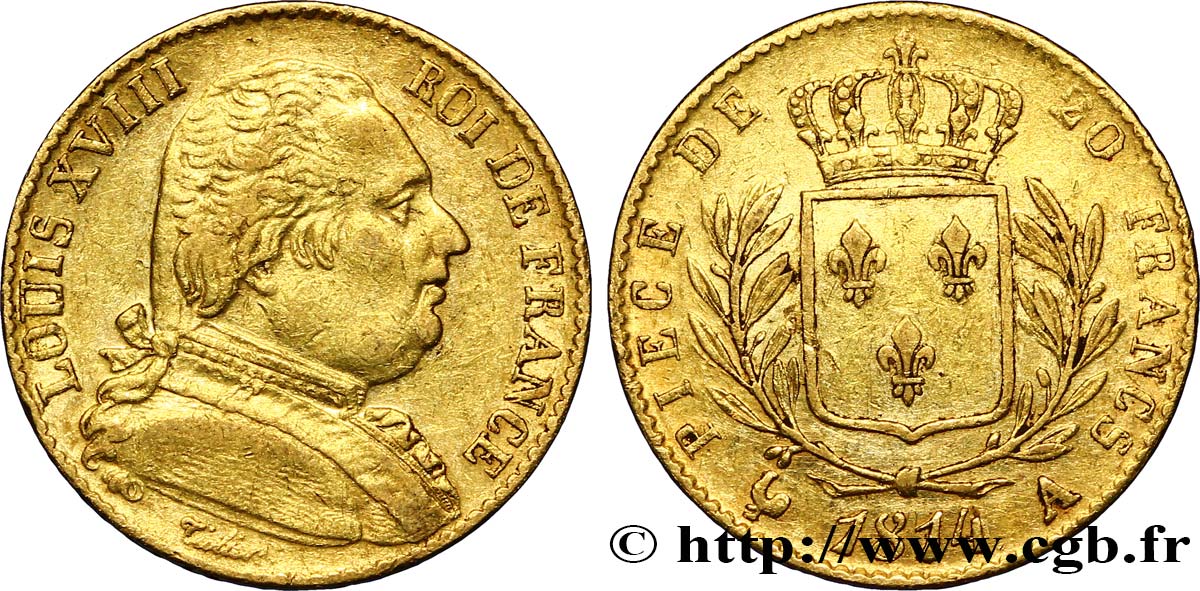 20 francs or Louis XVIII, buste habillé 1814 Paris F.517/2 XF42 