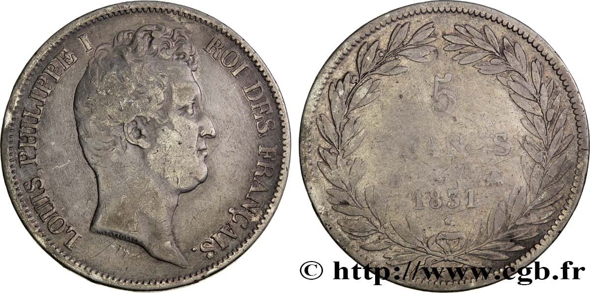 5 francs type Tiolier avec le I, tranche en relief 1831 Rouen F.316/3 MB15 