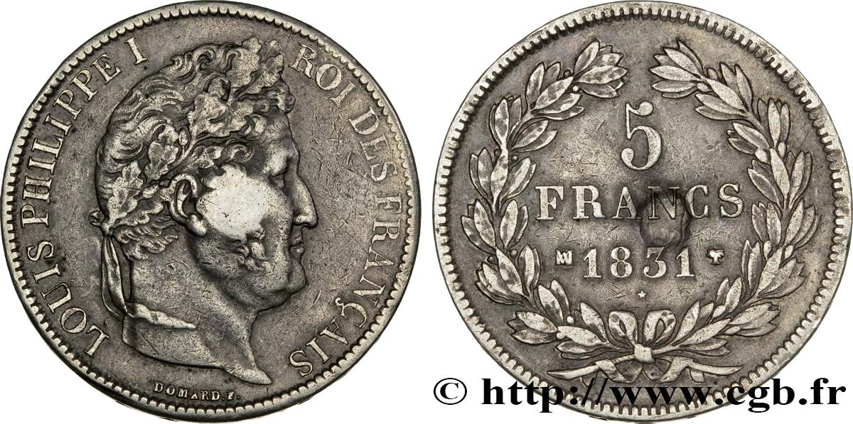 5 francs Ier type Domard, tranche en creux 1831 Marseille F.319/6 TTB 
