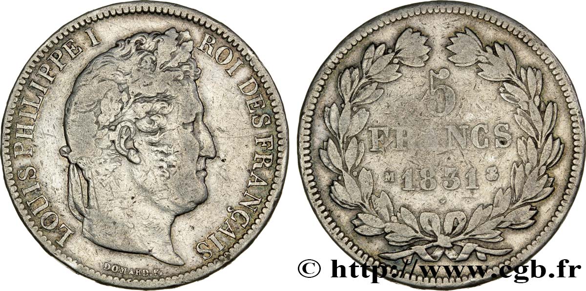 5 francs Ier type Domard, tranche en relief 1831 Toulouse F.320/9 S25 