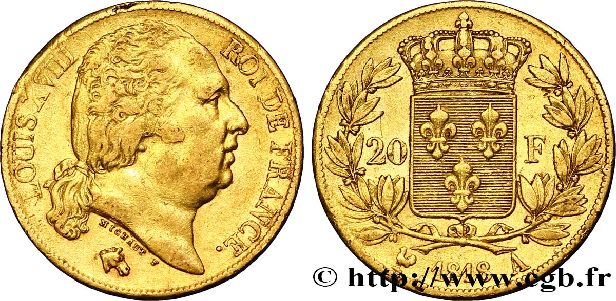 20 francs or Louis XVIII, tête nue 1818 Paris F.519/10 SS42 