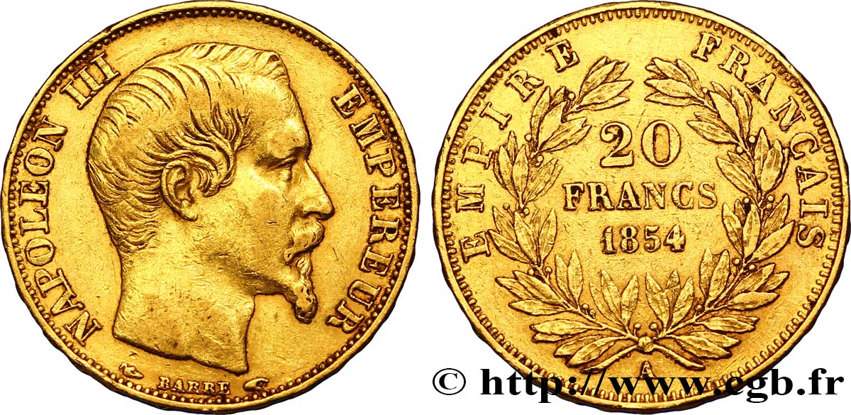 20 francs or Napoléon III, tête nue 1854 Paris F.531/2 XF45 