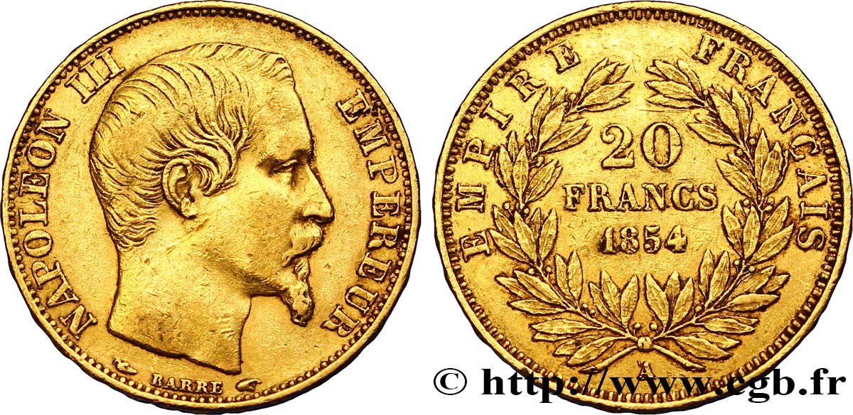 20 francs or Napoléon III, tête nue 1854 Paris F.531/2 XF42 