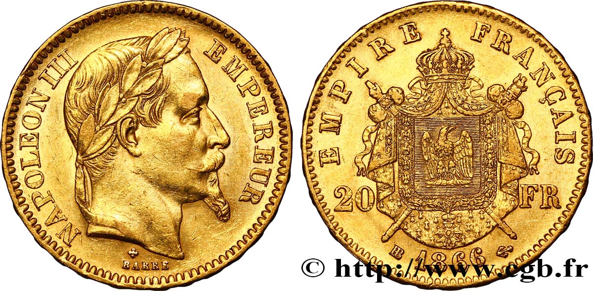 20 francs or Napoléon III, tête laurée 1866 Strasbourg F.532/14 TTB48 