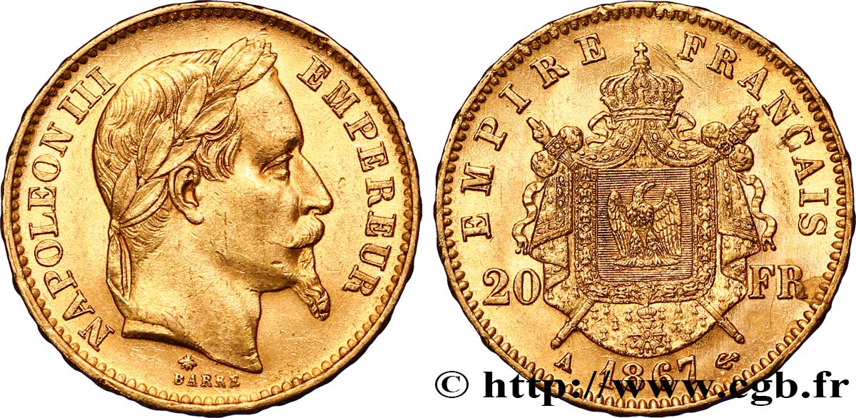 20 francs or Napoléon III, tête laurée 1867 Paris F.532/15 AU54 