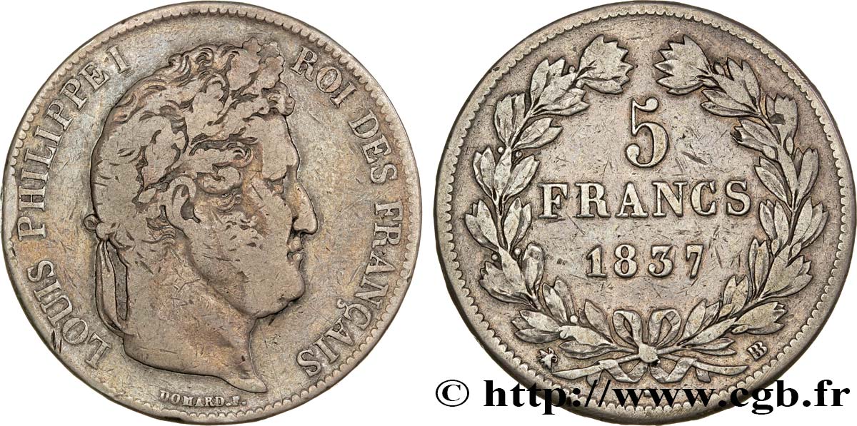 5 francs IIe type Domard 1837 Strasbourg F.324/63 VF25 