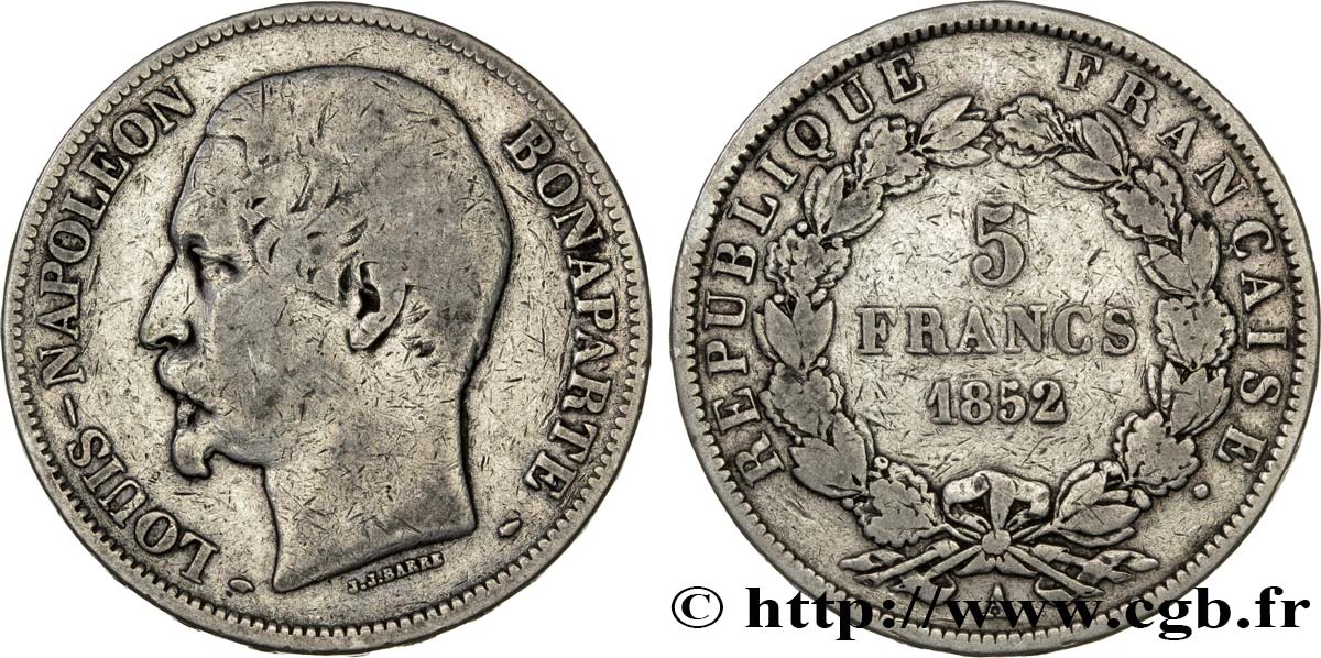 5 francs Louis-Napoléon, J.J. BARRE 1852 Paris F9.328/1 VF25 