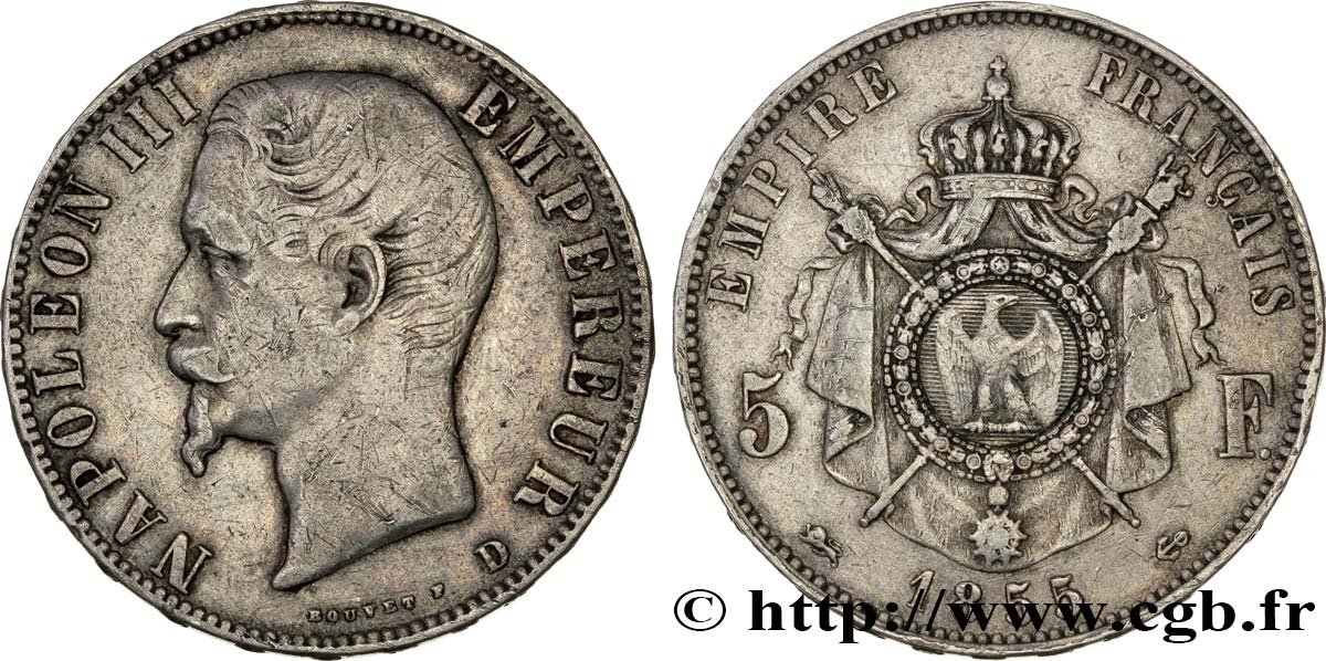 5 francs Napoléon III, tête nue 1855 Lyon F.330/5 XF40 