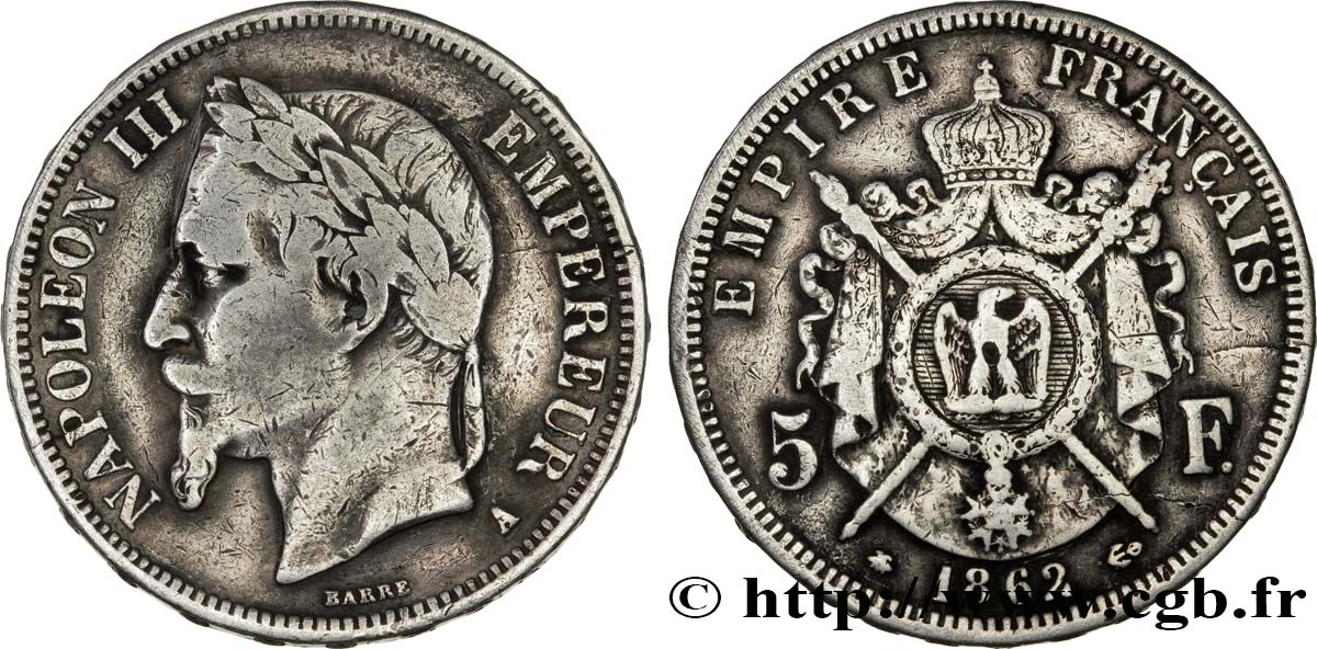 Faux de 5 francs Napoléon III, tête laurée 1862 Paris F.331/3 var. TB18 