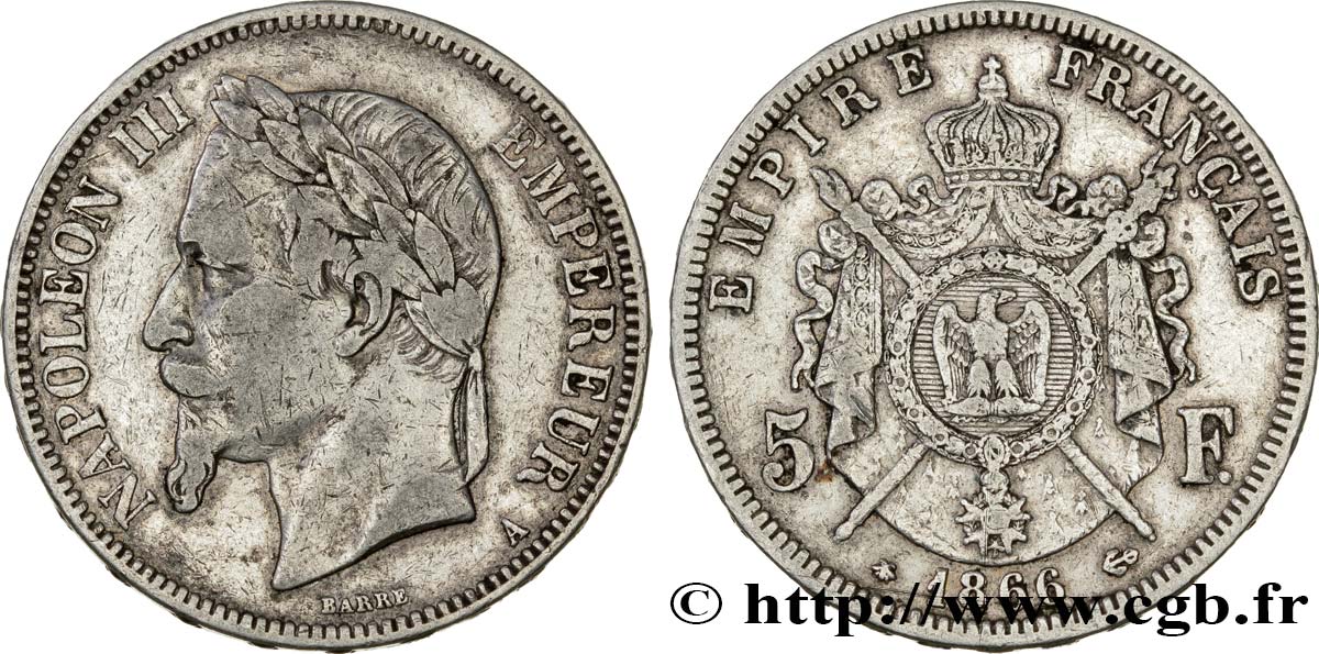 5 francs Napoléon III, tête laurée 1866 Paris F.331/9 S30 