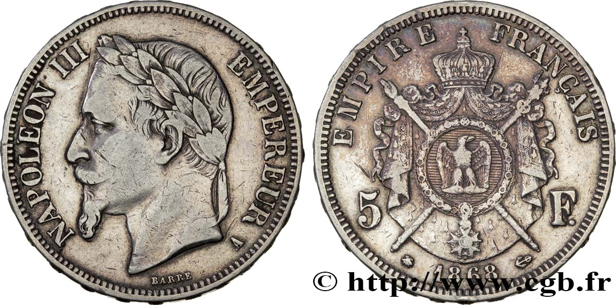 5 francs Napoléon III, tête laurée 1868 Paris F.331/12 MB35 