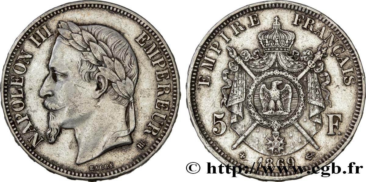 5 francs Napoléon III, tête laurée 1869 Strasbourg F.331/15 TTB45 
