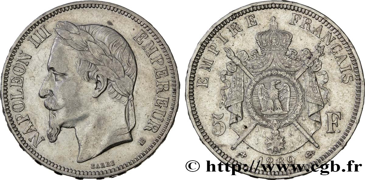 5 francs Napoléon III, tête laurée 1869 Strasbourg F.331/15 XF45 