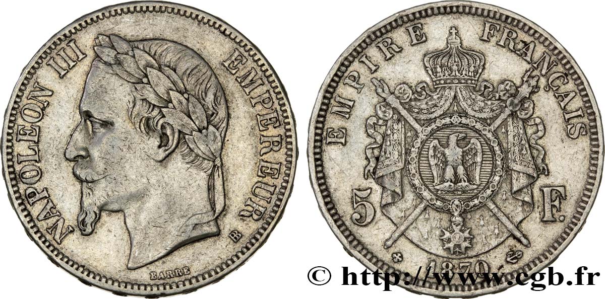 5 francs Napoléon III, tête laurée 1870 Strasbourg F.331/17 MBC40 