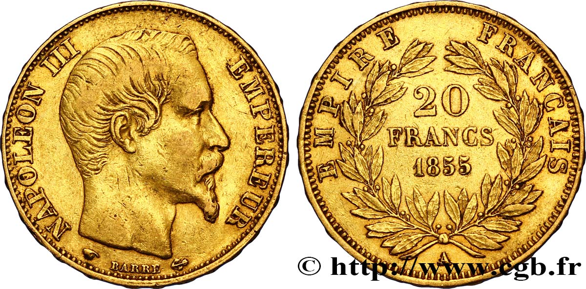 20 francs or Napoléon III, tête nue 1855 Paris F.531/4 MBC45 