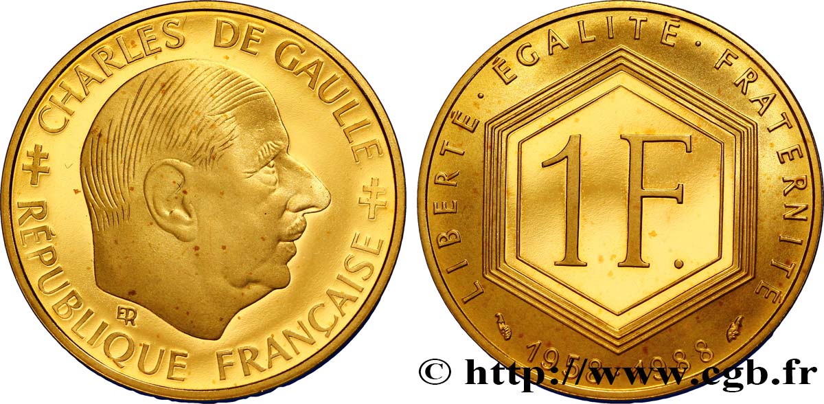 Belle Epreuve Or 1 franc - De Gaulle 1988 Paris F.1000 1 MS 
