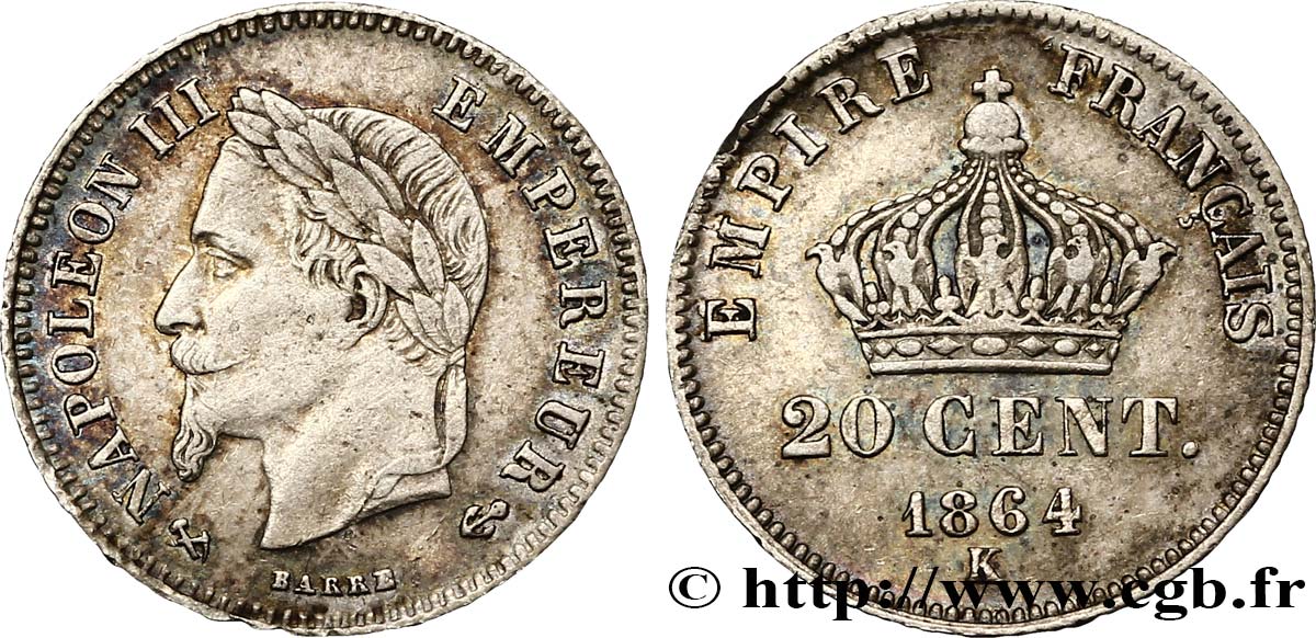 20 centimes Napoléon III, tête laurée, petit module 1864 Bordeaux F.149/3 SS40 