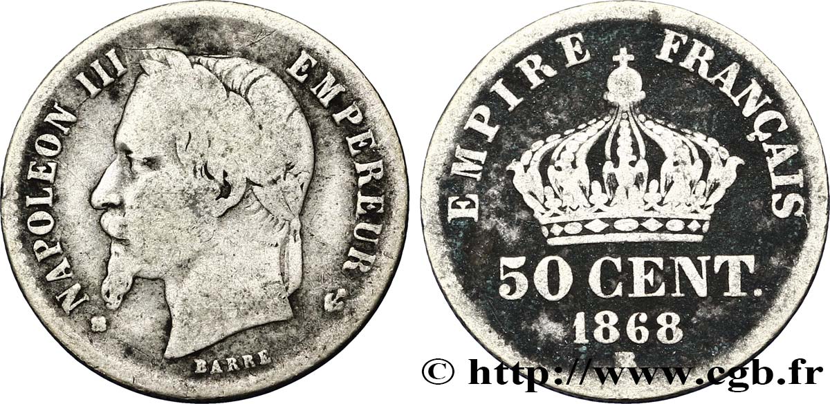 50 centimes Napoléon III, tête laurée 1868 Strasbourg F.188/21 F12 