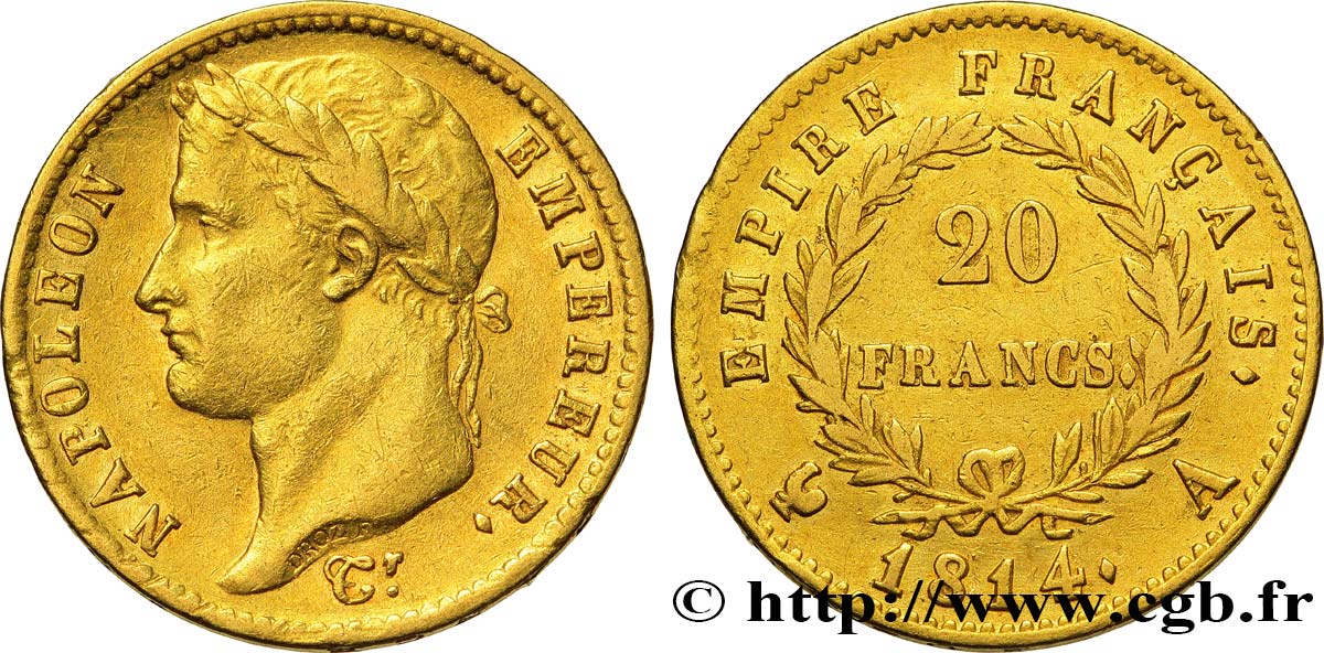 20 francs or Napoléon tête laurée, Empire français 1814 Paris F.516/39 MBC48 