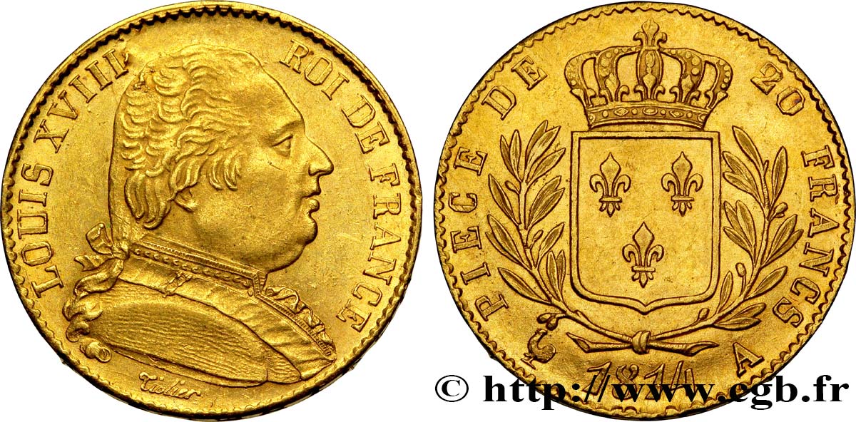 20 francs or Louis XVIII, buste habillé 1814 Paris F.517/2 EBC58 