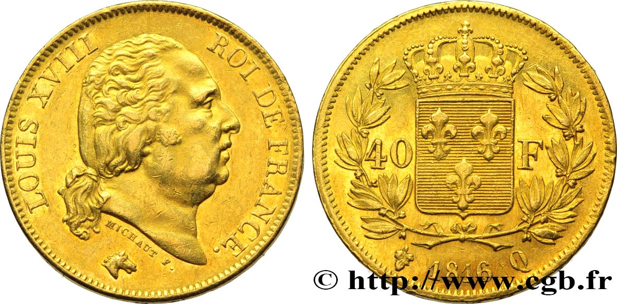 40 francs or Louis XVIII 1816 Perpignan F.542/4 AU50 