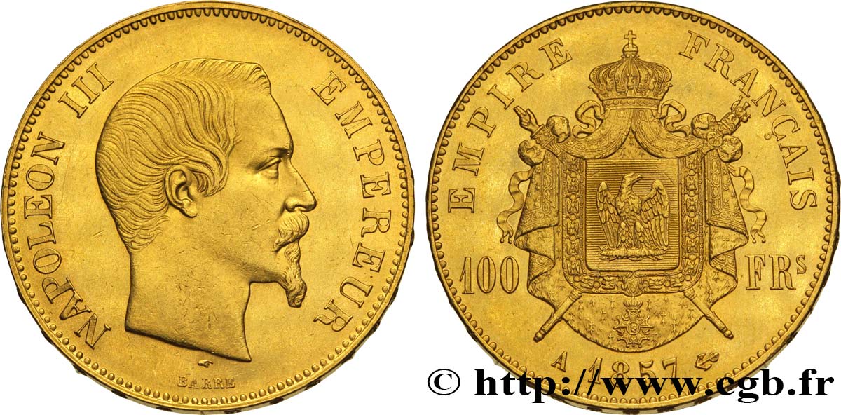 100 francs or Napoléon III, tête nue 1857 Paris F.550/4 AU58 
