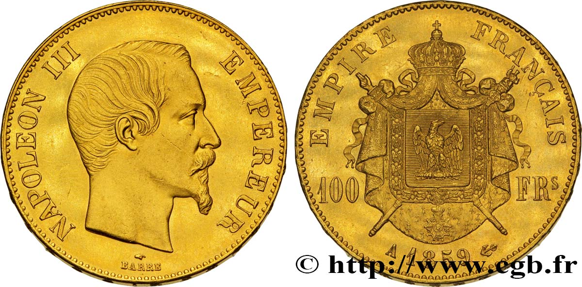 100 francs or Napoléon III, tête nue 1859 Paris F.550/7 EBC58 