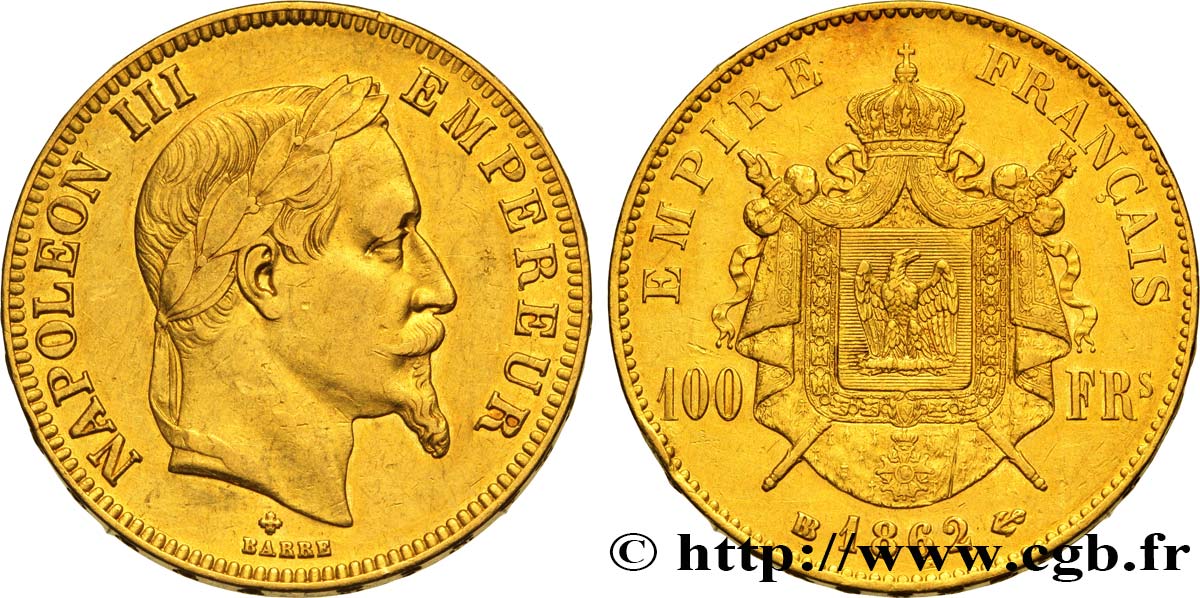 100 francs or Napoléon III, tête laurée 1862 Strasbourg F.551/2 TTB45 