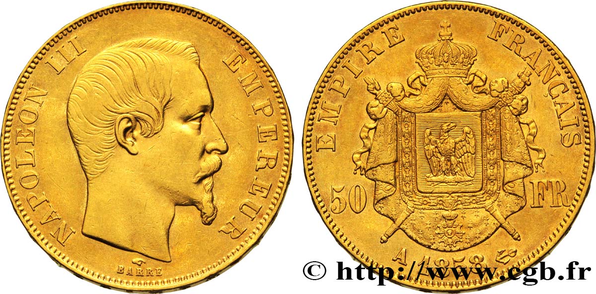 50 francs or Napoléon III, tête nue 1858 Paris F.547/5 XF48 