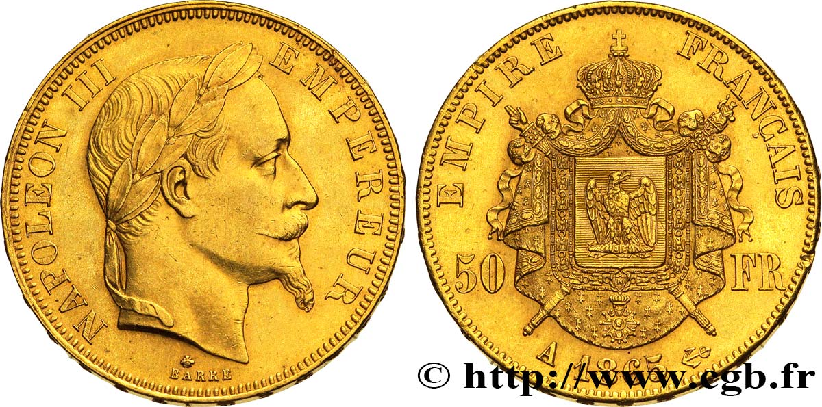 50 francs or Napoléon III, tête laurée 1865 Paris F.548/5 SPL58 