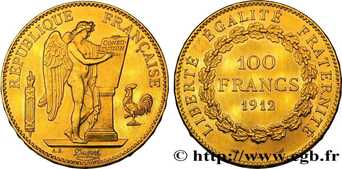 100 francs or Génie, tranche inscrite en relief Liberté Égalité Fraternité 1912 Paris F.553/6 SPL60 