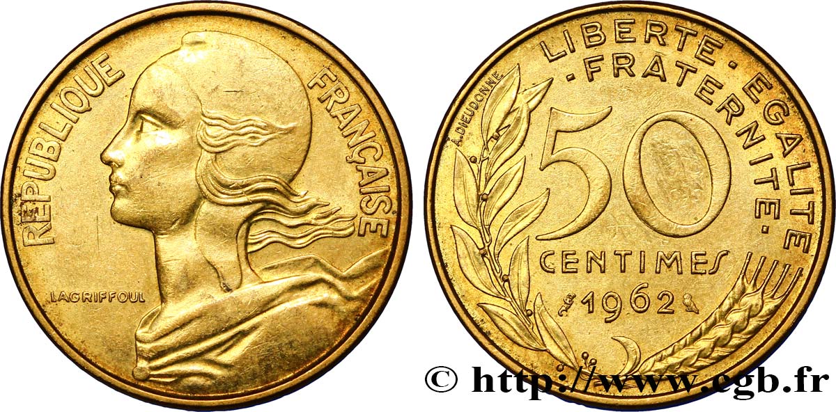 50 centimes Marianne, col à trois plis 1962 Paris F.197/2 AU55 
