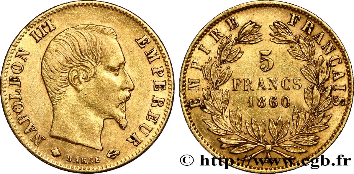 5 francs or Napoléon III, tête nue, grand module 1860 Paris F.501/11 XF45 